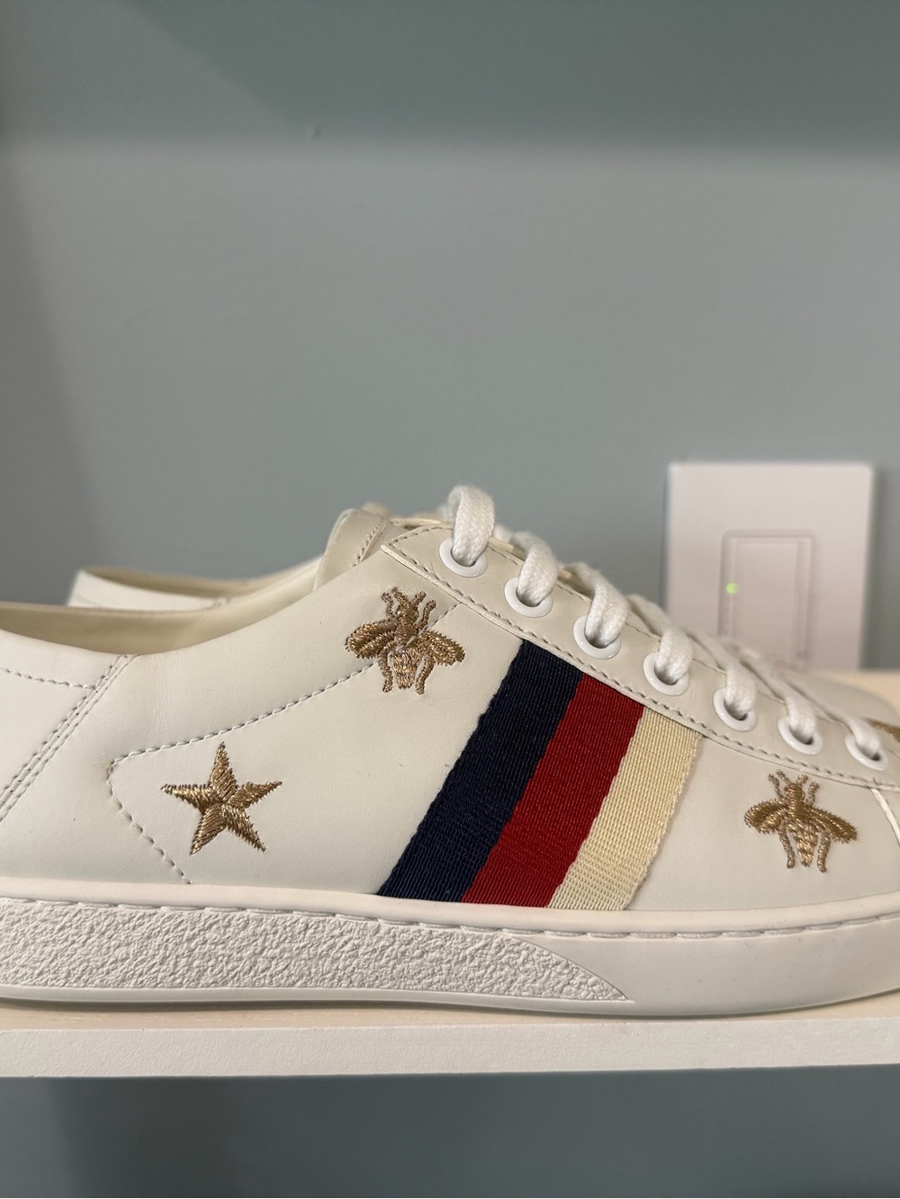 Gucci White Leather Sneaker with Red and Blue Web Stripe